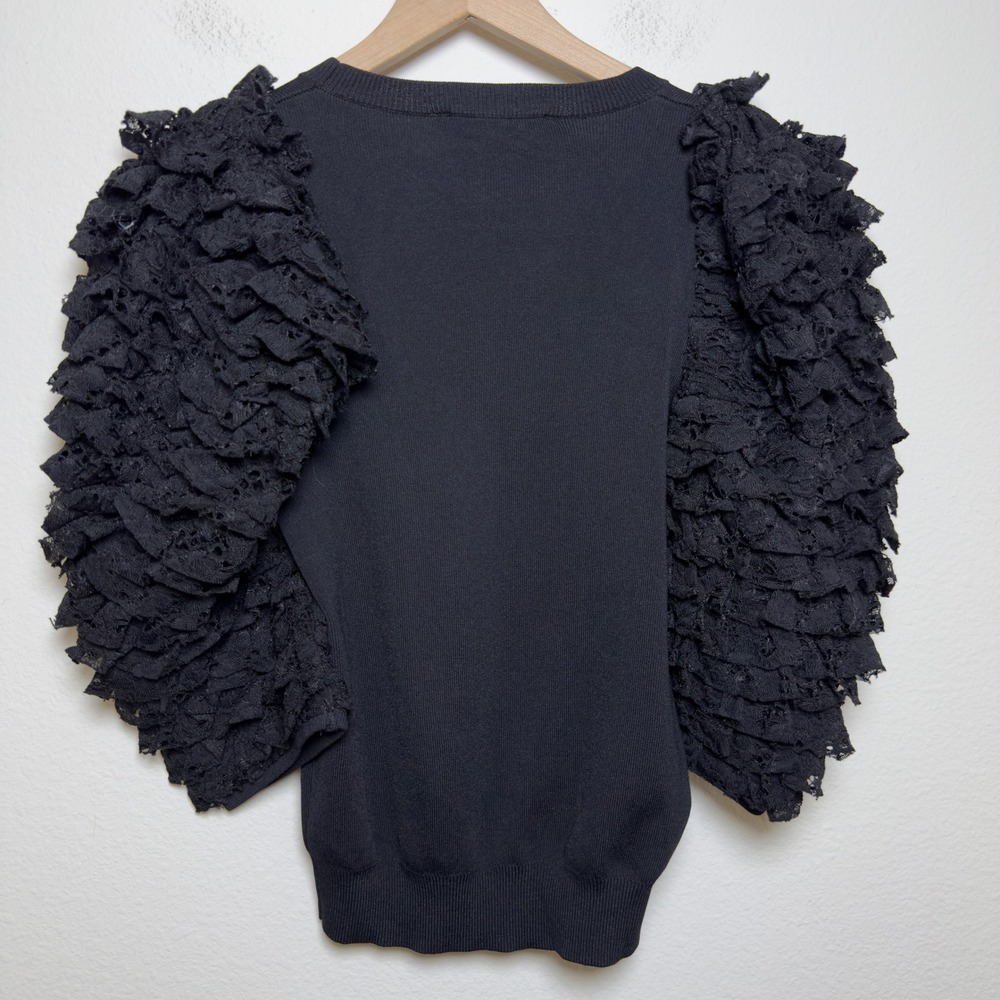 NEW Zara Women Knit Sweater Top Medium Black‎ Lace Ruffle Sleeve Old Money - Picture 6 of 9